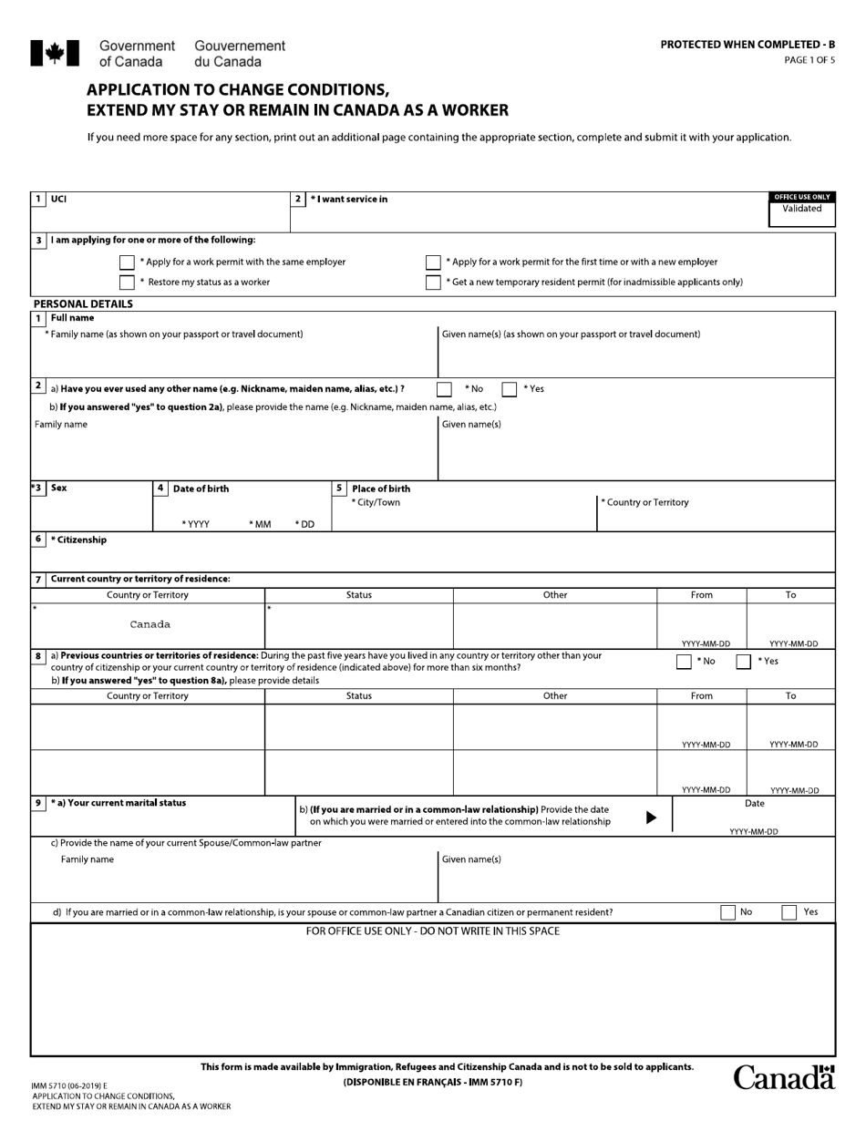 Form IMM5710 Application to Change Conditions, Extend My Stay or Remain in Canada as a Worker - Canada, Page 1