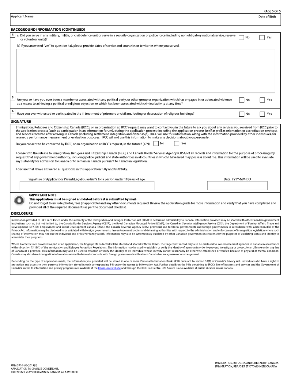 Form IMM5710 Application to Change Conditions, Extend My Stay or Remain in Canada as a Worker - Canada, Page 5