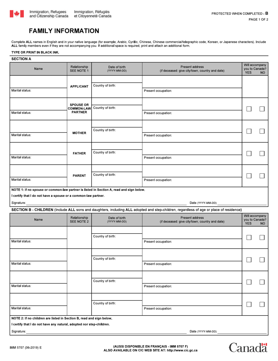 Form IMM5707 Family Information - Canada, Page 1