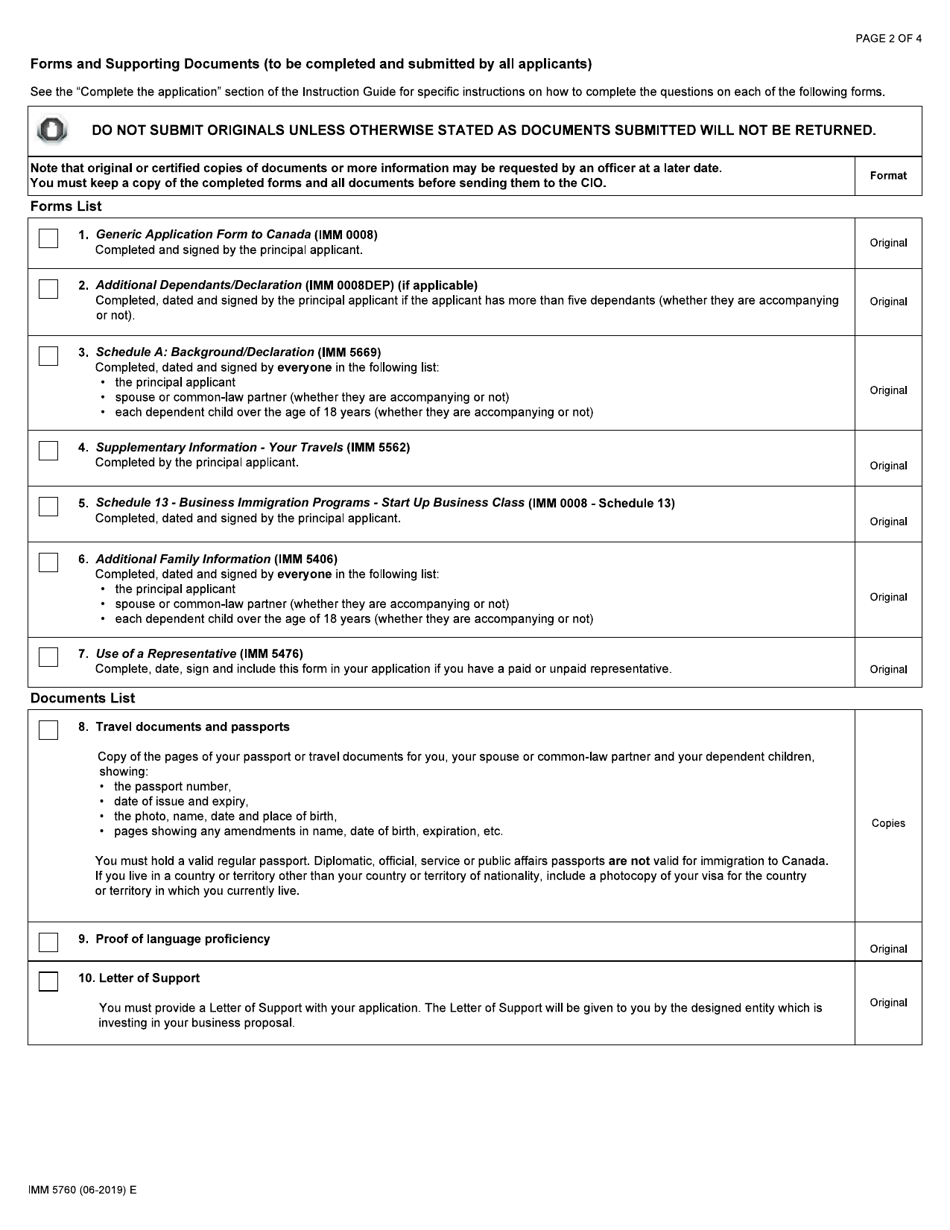 Form IMM5760 Document Checklist - Permanent Residence - Start up Business Class - Canada, Page 2