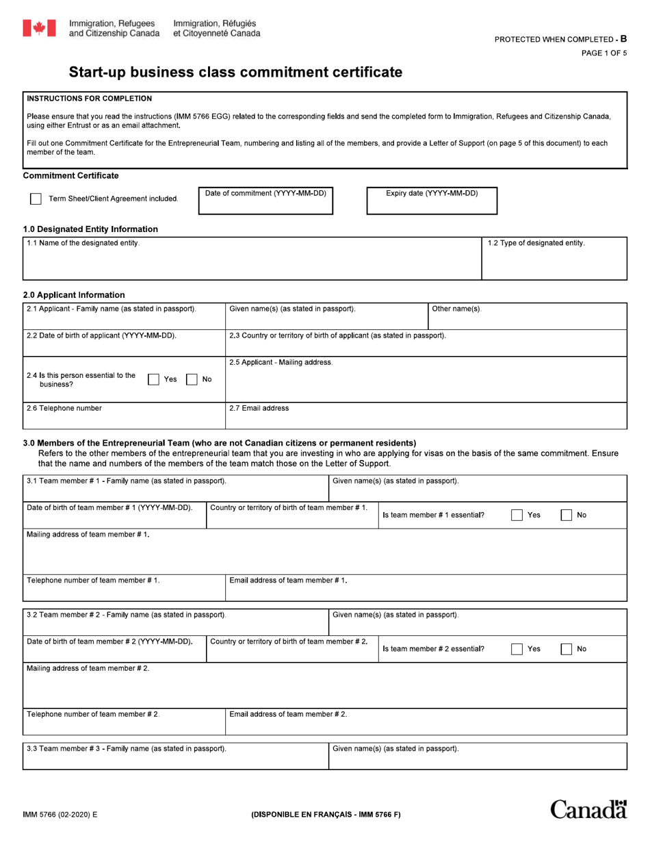 Form IMM5766 Start-Up Business Class Commitment Certificate - Canada, Page 1