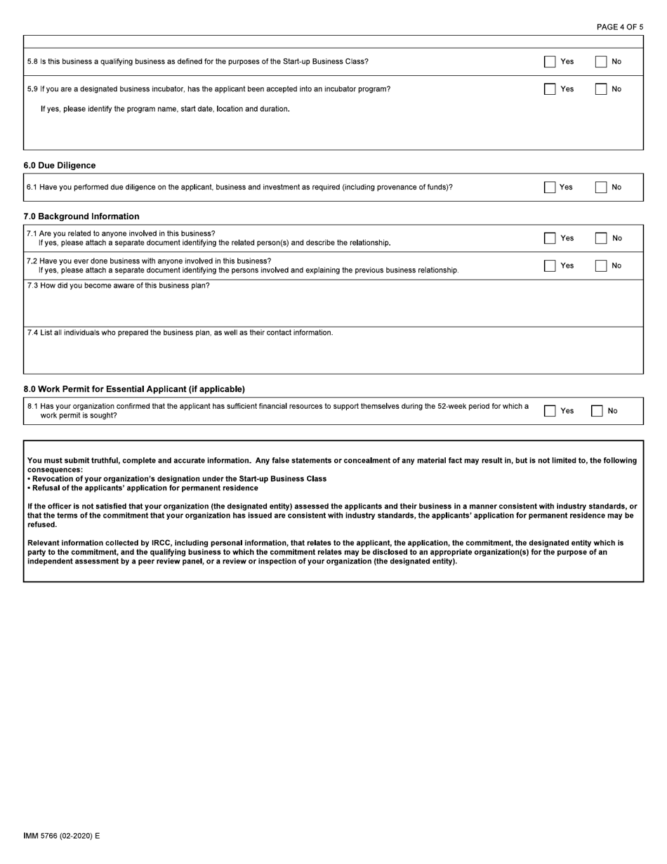 Form IMM5766 Start-Up Business Class Commitment Certificate - Canada, Page 4