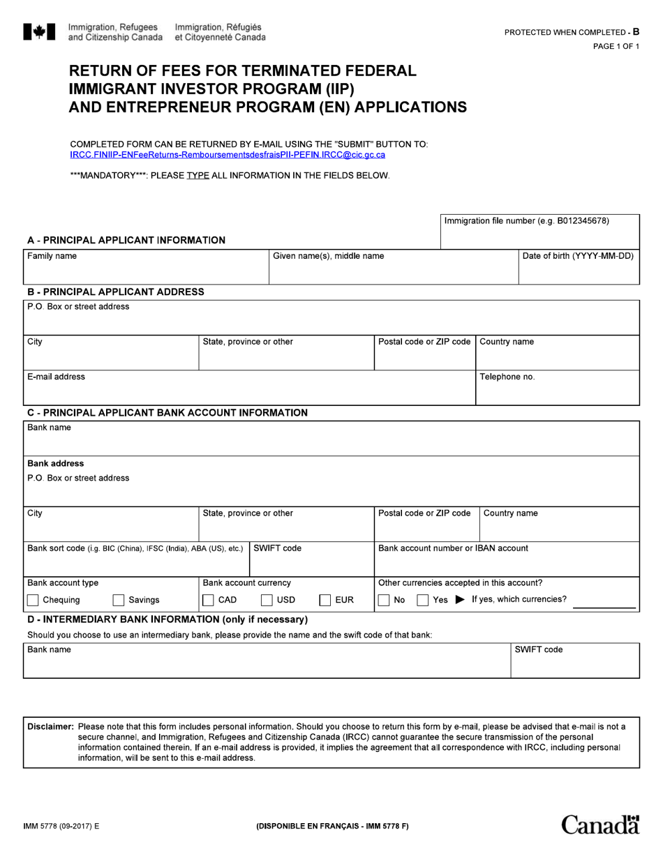 Form IMM5778 Return of Fees for Terminated Federal Immigrant Investor Program (Iip) and Entrepreneur Program (En) Applications - Canada, Page 1