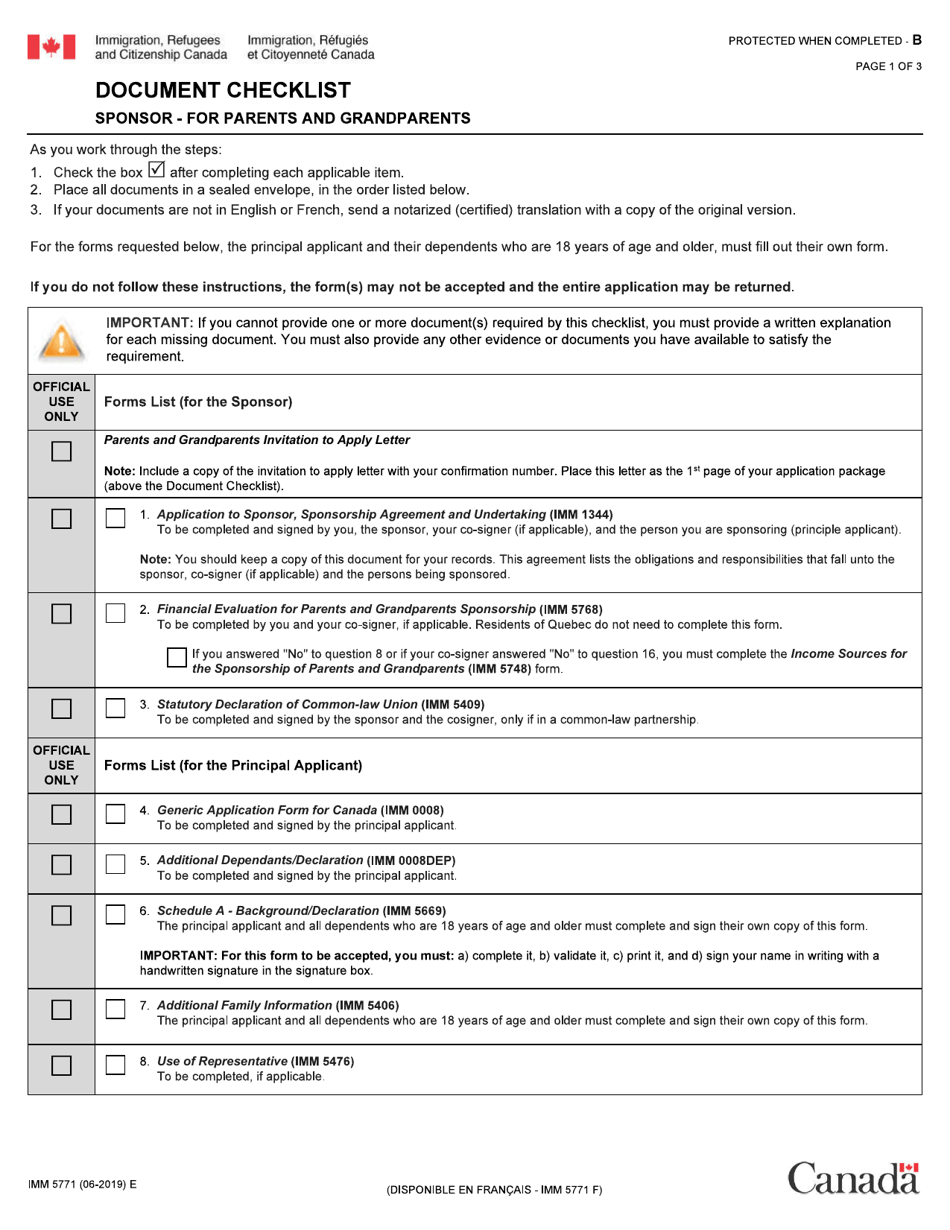 Form IMM5771 Document Checklist - Sponsor for Parents and Grandparents - Canada, Page 1
