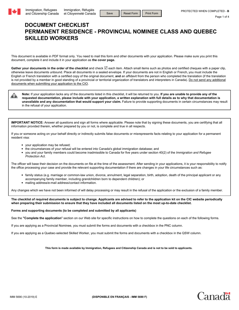 Form IMM5690 Document Checklist - Permanent Residence - Provincial Nominee Class and Quebec Skilled Workers - Canada, Page 1