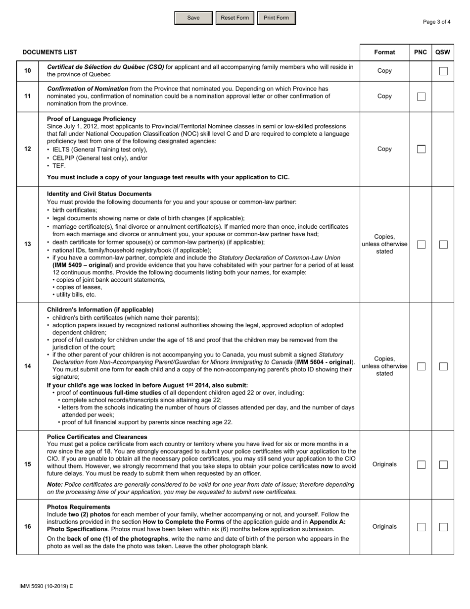 Form IMM5690 Document Checklist - Permanent Residence - Provincial Nominee Class and Quebec Skilled Workers - Canada, Page 3
