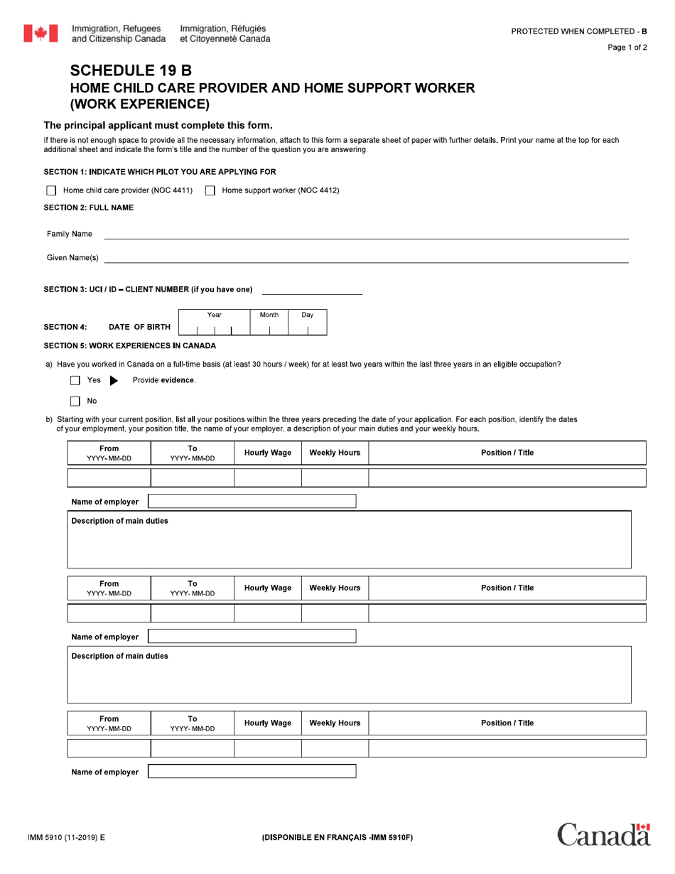 Form IMM5910 Schedule 19 B Home Child Care Provider and Home Support Worker (Work Experience) - Canada, Page 1