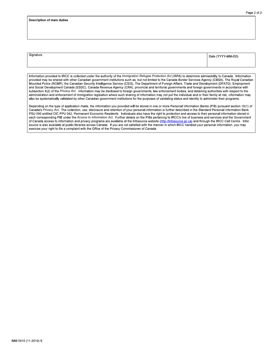 Form IMM5910 Schedule 19 B Home Child Care Provider and Home Support Worker (Work Experience) - Canada, Page 2