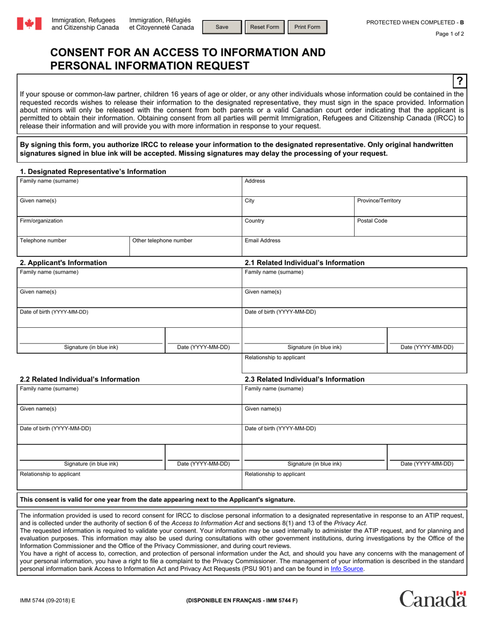Form IMM5744 Consent for an Access to Information and Personal Information Request - Canada, Page 1