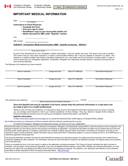 Form IMM5965 Important Medical Information - Canada