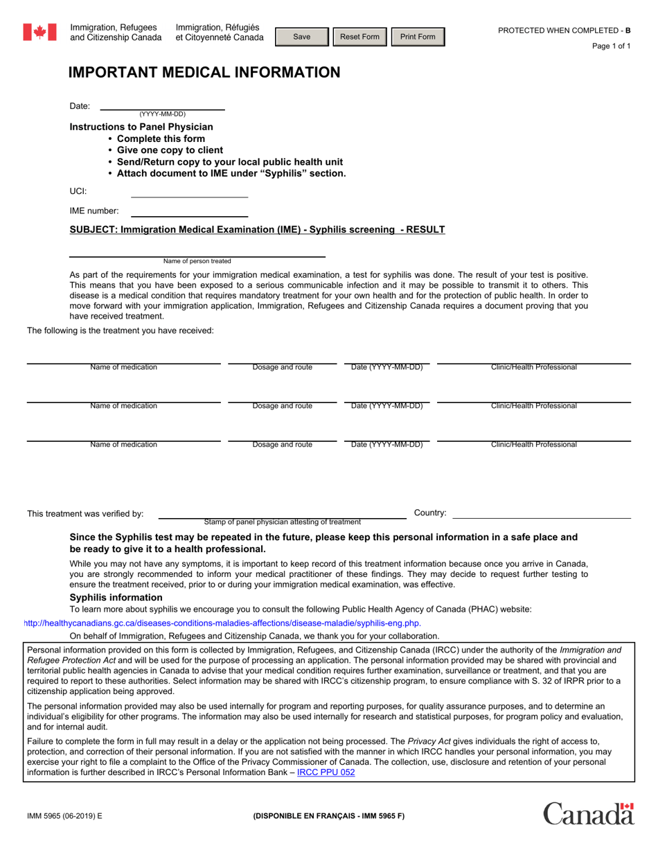 Form IMM5965 Important Medical Information - Canada, Page 1