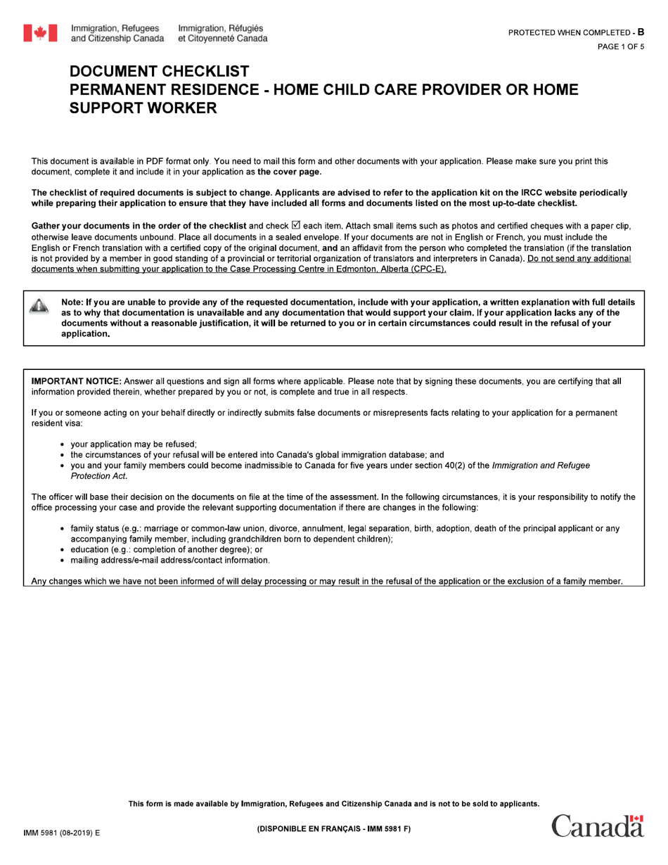 Form IMM5981 Document Checklist - Permanent Residence - Home Child Care Provider or Home Support Worker - Canada, Page 1