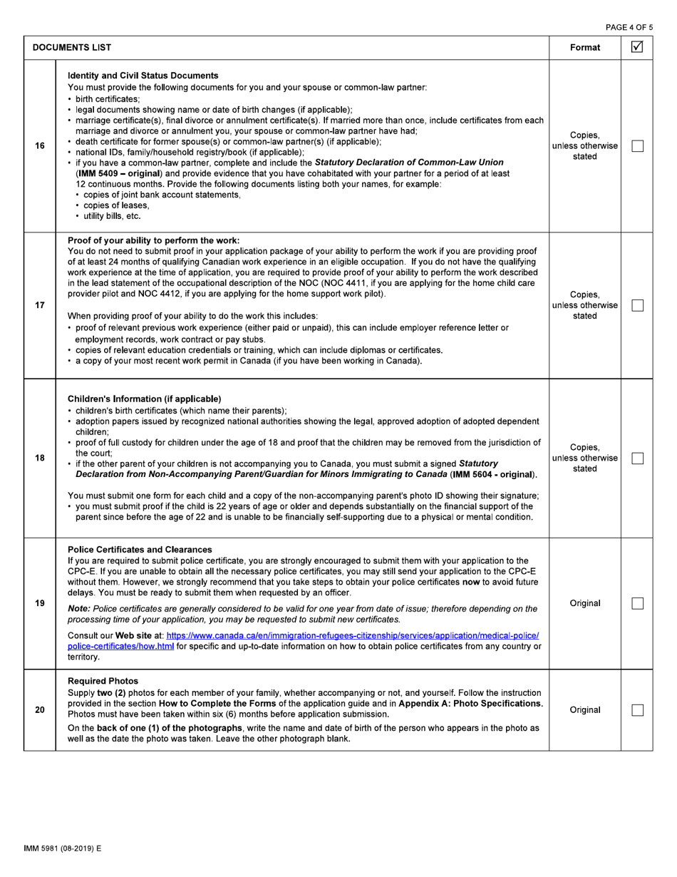 Form IMM5981 Document Checklist - Permanent Residence - Home Child Care Provider or Home Support Worker - Canada, Page 4
