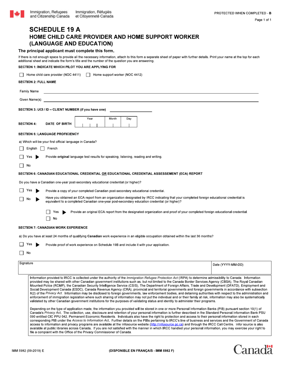 Form IMM5982 Schedule 19 A Home Child Care Provider and Home Support Worker (Language and Education) - Canada, Page 1