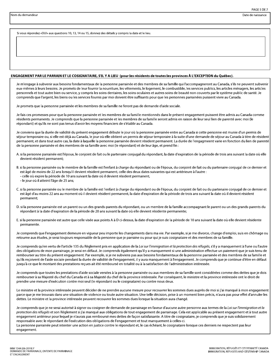 Forme IMM1344 Demande De Parrainage, Entente De Parrainage Et Engagement - Canada (French), Page 5