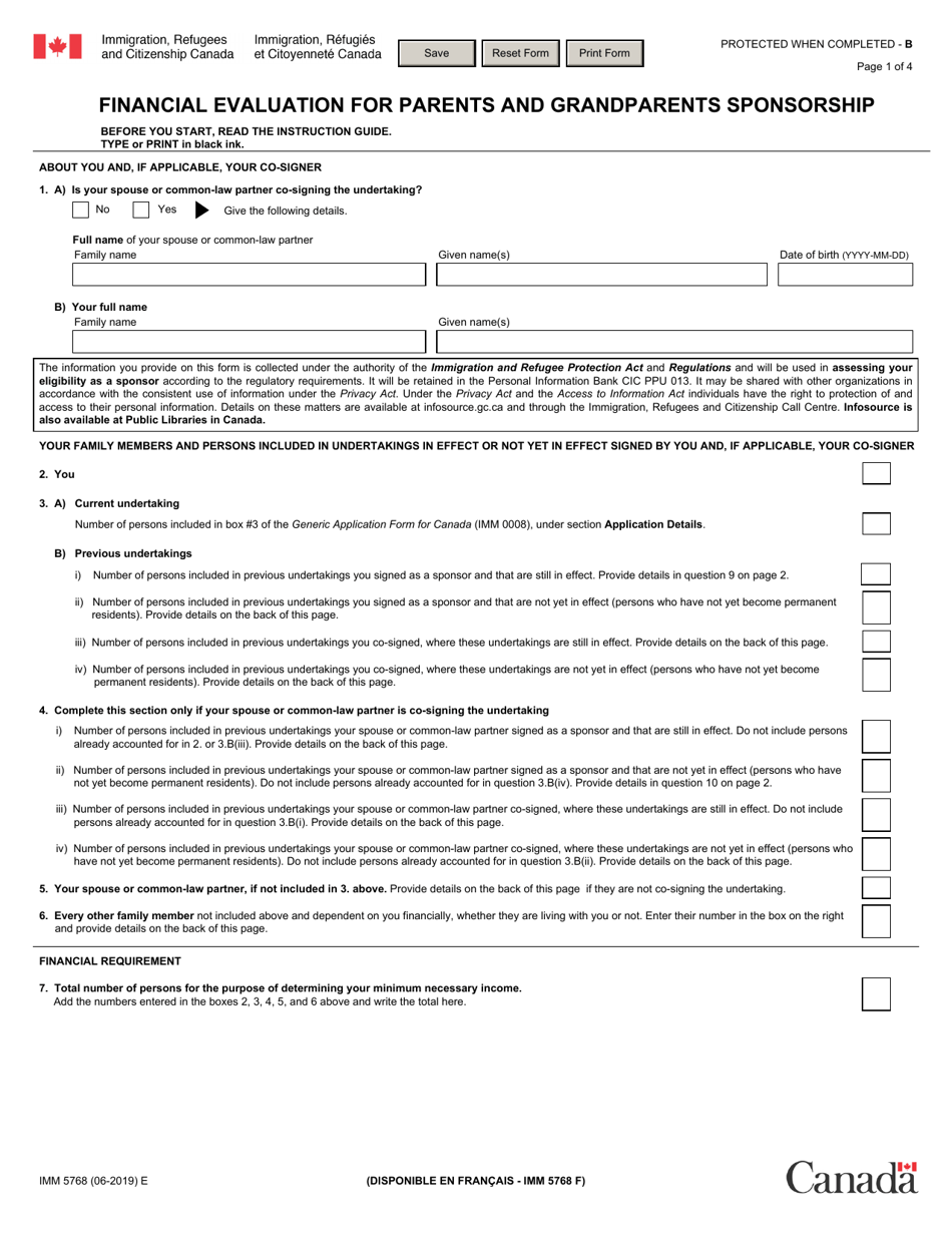 Form IMM5768 Financial Evaluation for Parents and Grandparents Sponsorship - Canada, Page 1