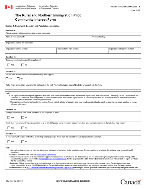 Form IMM5908 The Rural and Northern Immigration Pilot Community Interest Form - Canada