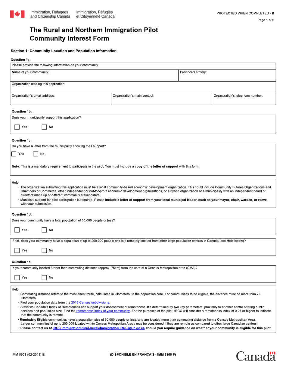Form IMM5908 The Rural and Northern Immigration Pilot Community Interest Form - Canada, Page 1