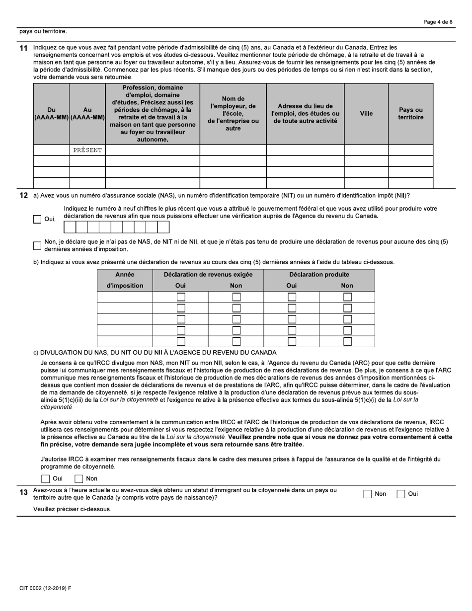 Forme CIT0002 Demande De Citoyennete Canadienne Adultes (18 Ans Ou Plus) Demande En Vertu Du Paragraphe 5(1) - Canada (French), Page 4