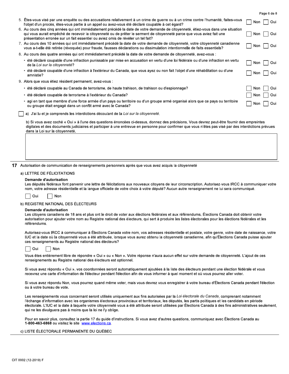 Forme CIT0002 Demande De Citoyennete Canadienne Adultes (18 Ans Ou Plus) Demande En Vertu Du Paragraphe 5(1) - Canada (French), Page 6