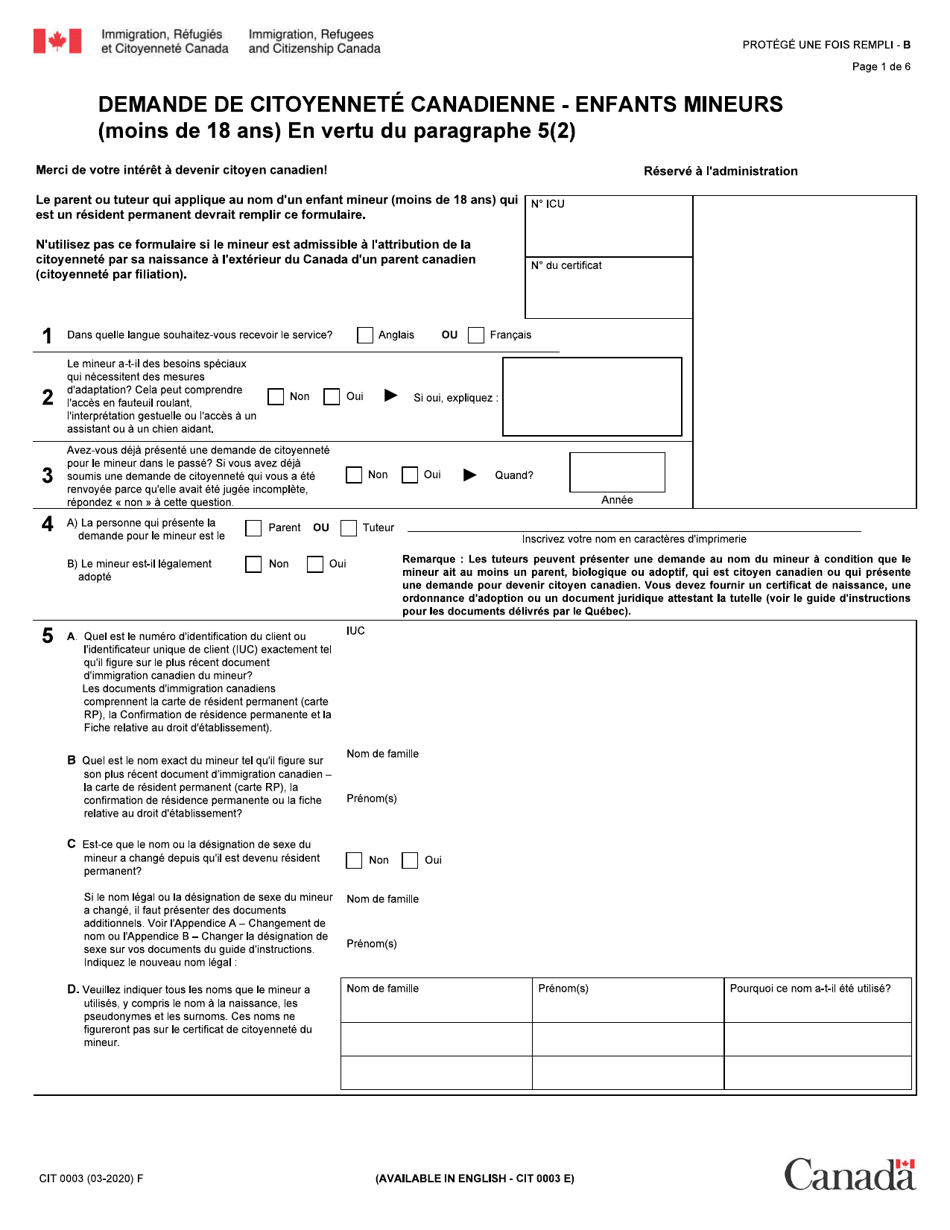 Forme CIT0003 Demande De Citoyennete Canadienne - Enfants Mineurs - Canada (French), Page 1