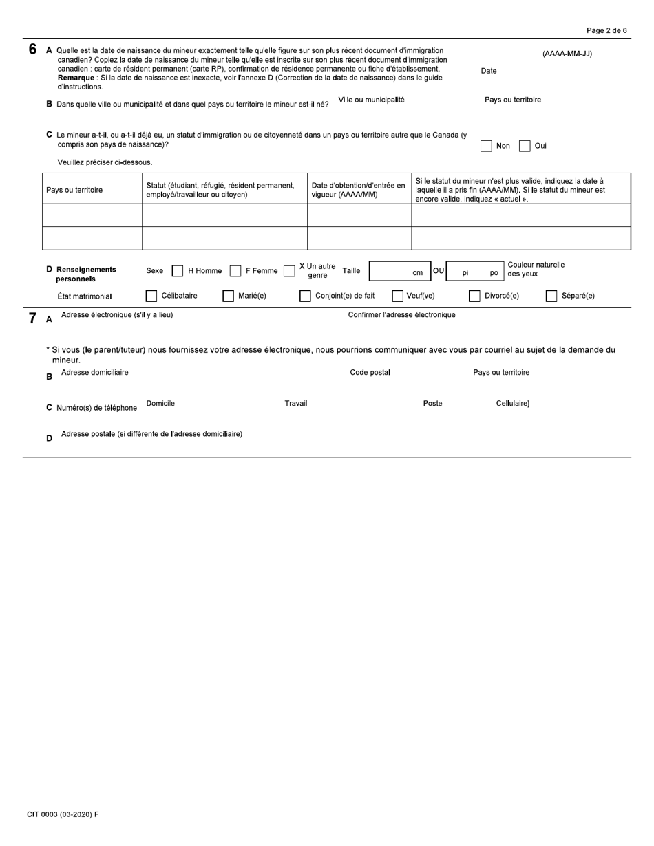 Forme CIT0003 Demande De Citoyennete Canadienne - Enfants Mineurs - Canada (French), Page 2