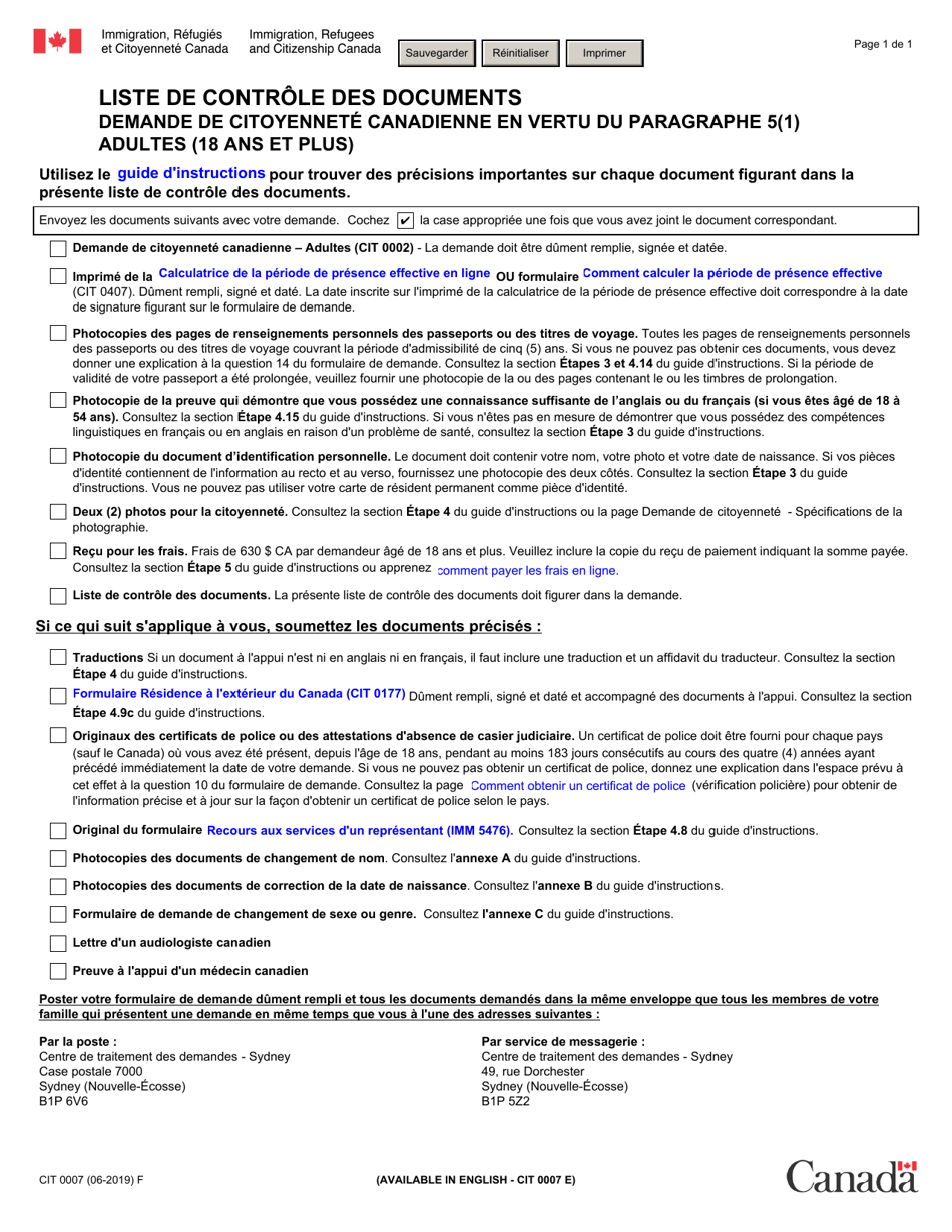 Forme CIT0007 Liste De Controle DES Documents - Demande De Citoyennete Canadienne En Vertu Du Paragraphe 5(1) - Adultes (18 Ans Et Plus) - Canada (French), Page 1