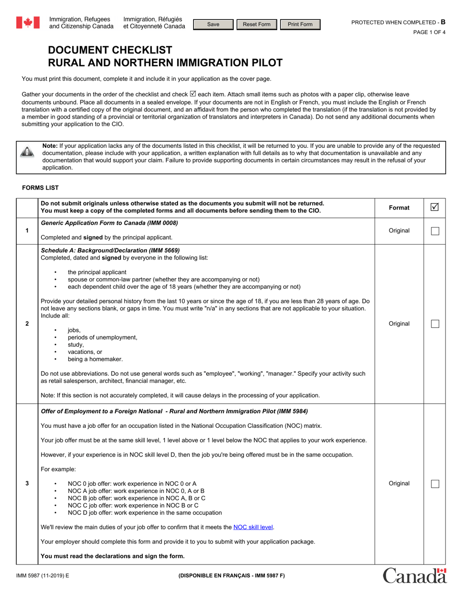 Form IMM5987 Document Checklist - Rural and Northern Immigration Pilot - Canada, Page 1