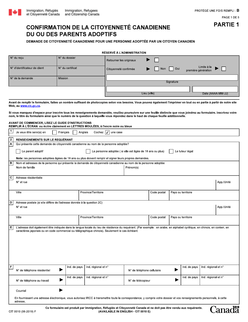 Forme CIT0010 Partie 1 Confirmation De La Citoyennete Canadienne Du Ou DES Parents Adoptifs - Canada (French), Page 1