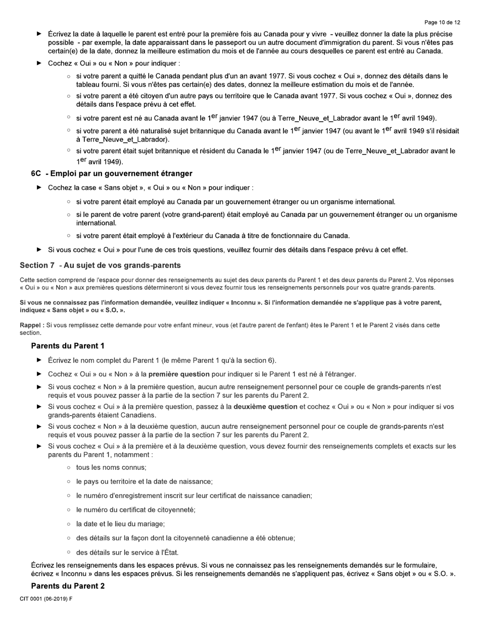 Forme CIT0001 Demande De Certificat De Citoyennete Pour Adultes Et Mineurs (Preuve De Citoyennete) En Vertu De Larticle 3 De La Loi Sur La Citoyennete - Canada (French), Page 10