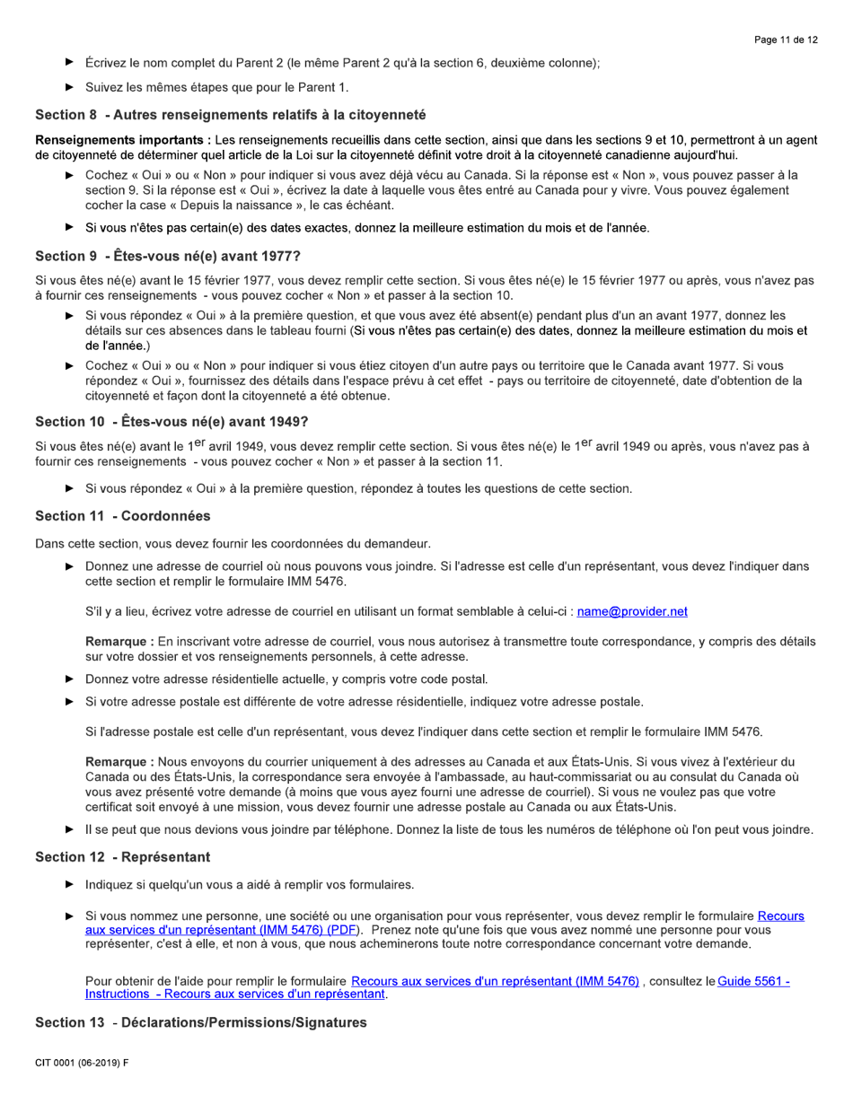 Forme CIT0001 Demande De Certificat De Citoyennete Pour Adultes Et Mineurs (Preuve De Citoyennete) En Vertu De Larticle 3 De La Loi Sur La Citoyennete - Canada (French), Page 11