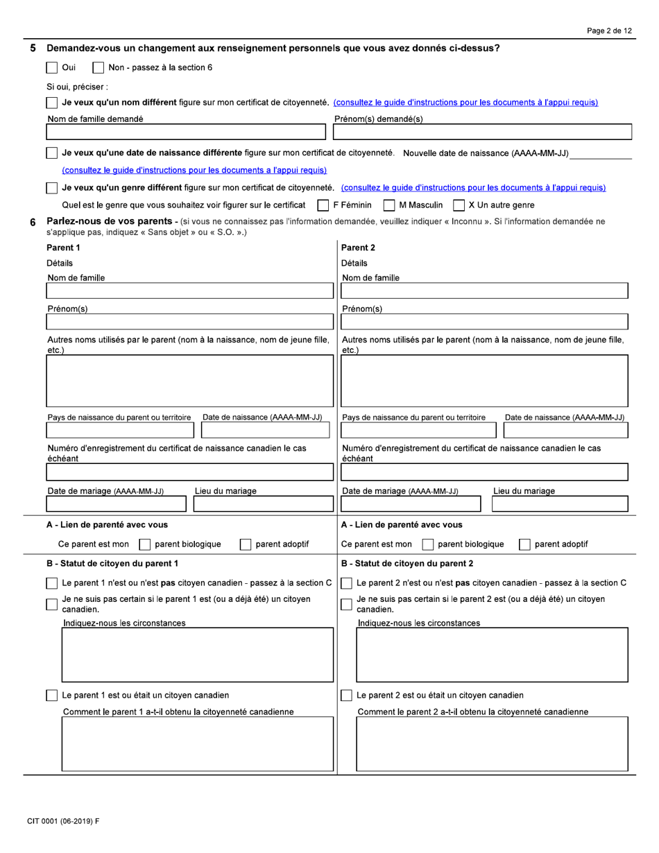 Forme CIT0001 Demande De Certificat De Citoyennete Pour Adultes Et Mineurs (Preuve De Citoyennete) En Vertu De Larticle 3 De La Loi Sur La Citoyennete - Canada (French), Page 2