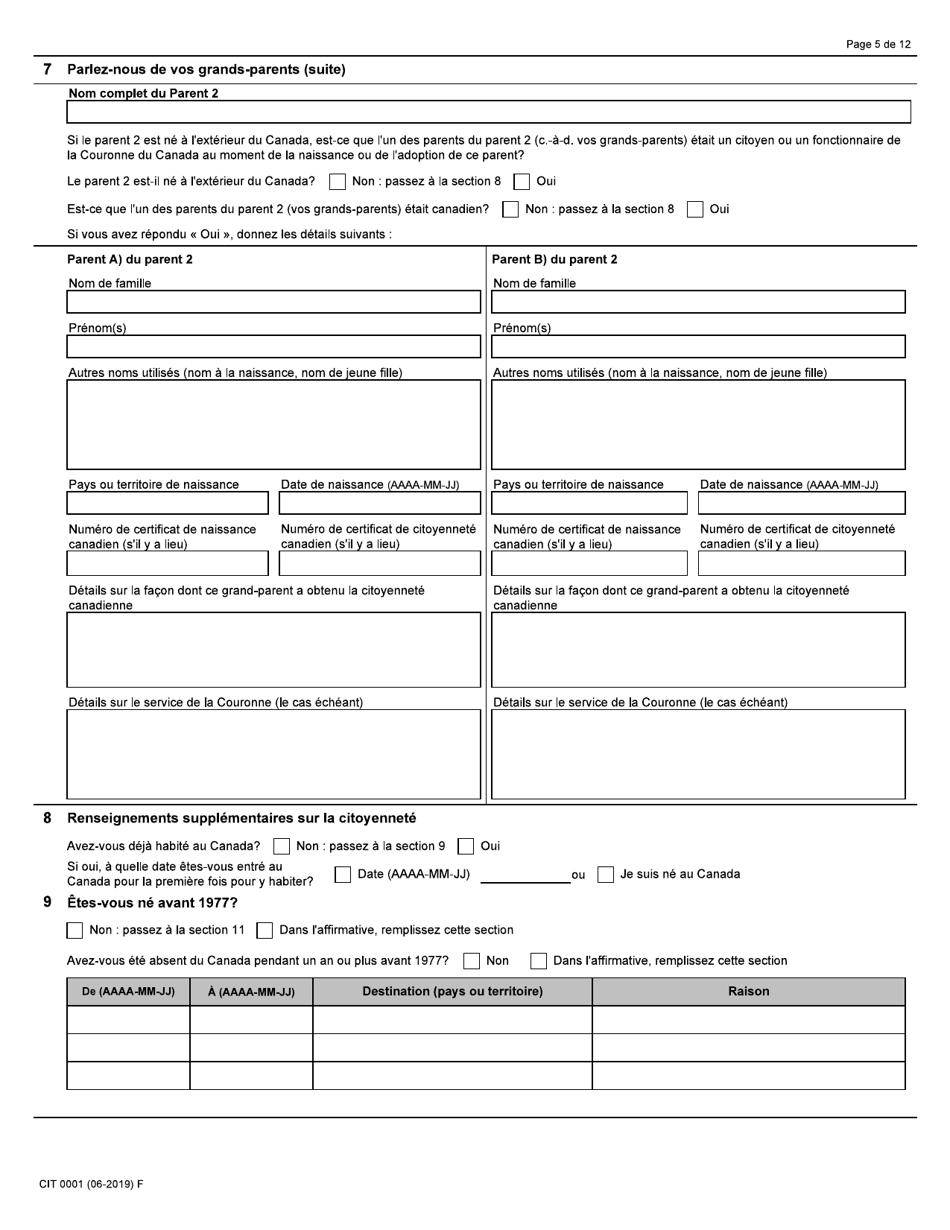 Forme CIT0001 Demande De Certificat De Citoyennete Pour Adultes Et Mineurs (Preuve De Citoyennete) En Vertu De Larticle 3 De La Loi Sur La Citoyennete - Canada (French), Page 5