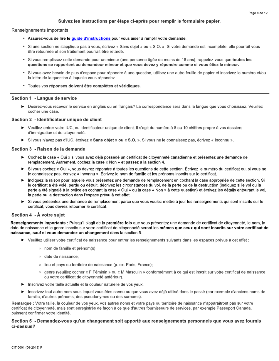Forme CIT0001 Demande De Certificat De Citoyennete Pour Adultes Et Mineurs (Preuve De Citoyennete) En Vertu De Larticle 3 De La Loi Sur La Citoyennete - Canada (French), Page 8