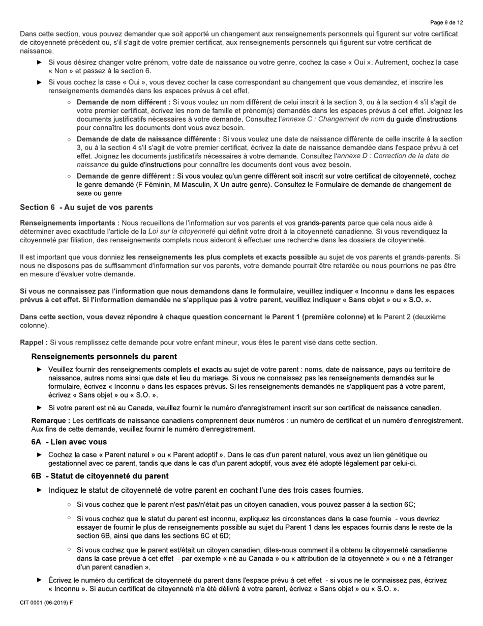 Forme CIT0001 Demande De Certificat De Citoyennete Pour Adultes Et Mineurs (Preuve De Citoyennete) En Vertu De Larticle 3 De La Loi Sur La Citoyennete - Canada (French), Page 9