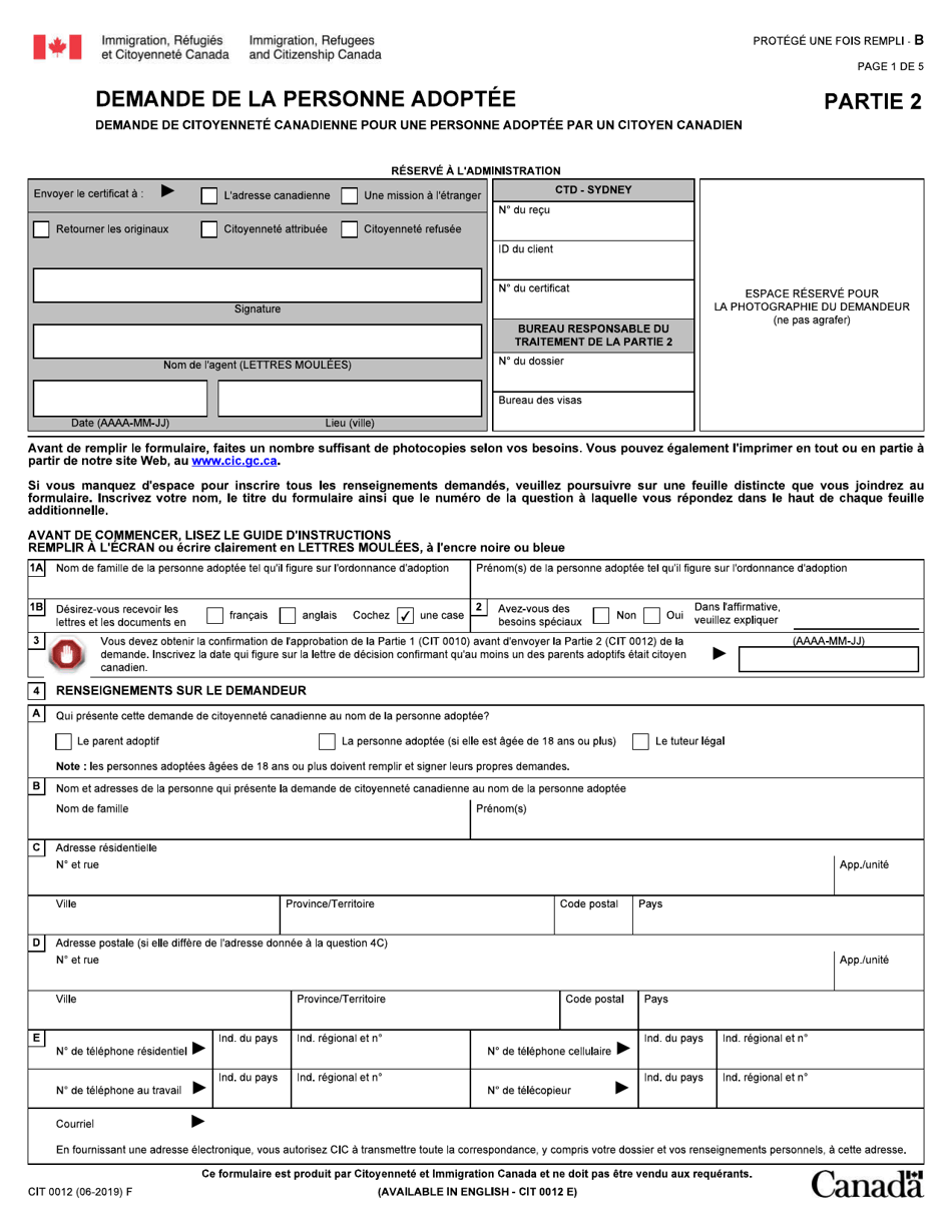 Forme Cit0012 Partie 2 Download Fillable Pdf Or Fill Online Demande De La Personne Adoptee Canada French Templateroller