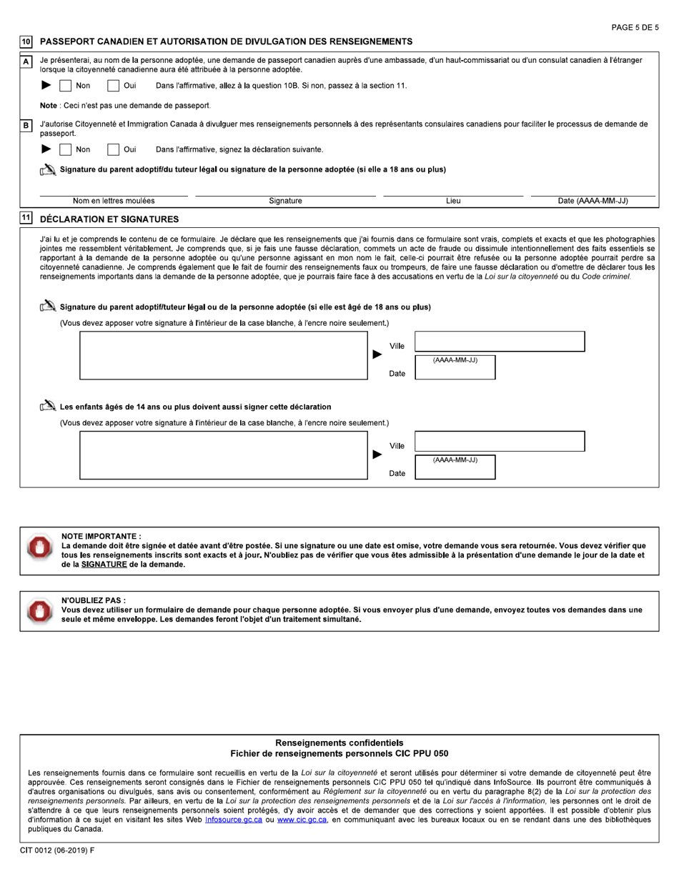 Forme CIT0012 Partie 2 Demande De La Personne Adoptee - Canada (French), Page 5