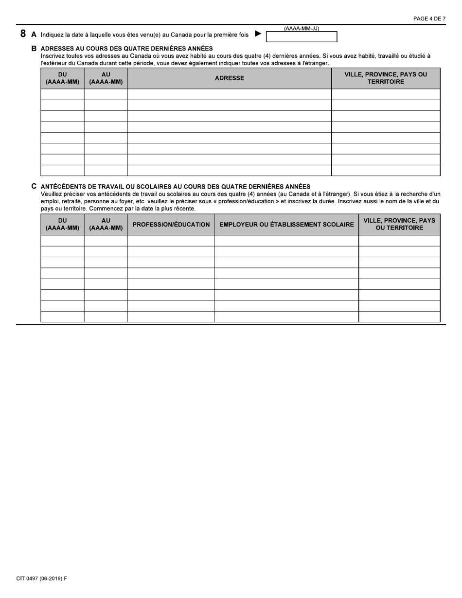 Forme CIT0497 Demande Dattribution De La Citoyennete Canadienne Pour Les Personne Apatrides Nees Dun Parent Canadien a Compter Du 17 Avril 2009 - Paragraphe 5(5) - Canada (French), Page 4