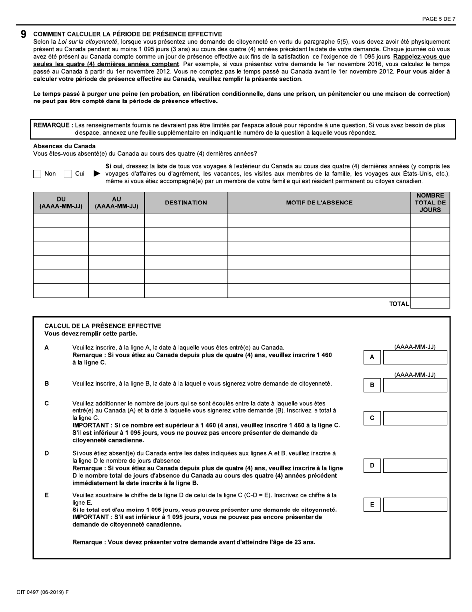 Forme CIT0497 Demande Dattribution De La Citoyennete Canadienne Pour Les Personne Apatrides Nees Dun Parent Canadien a Compter Du 17 Avril 2009 - Paragraphe 5(5) - Canada (French), Page 5