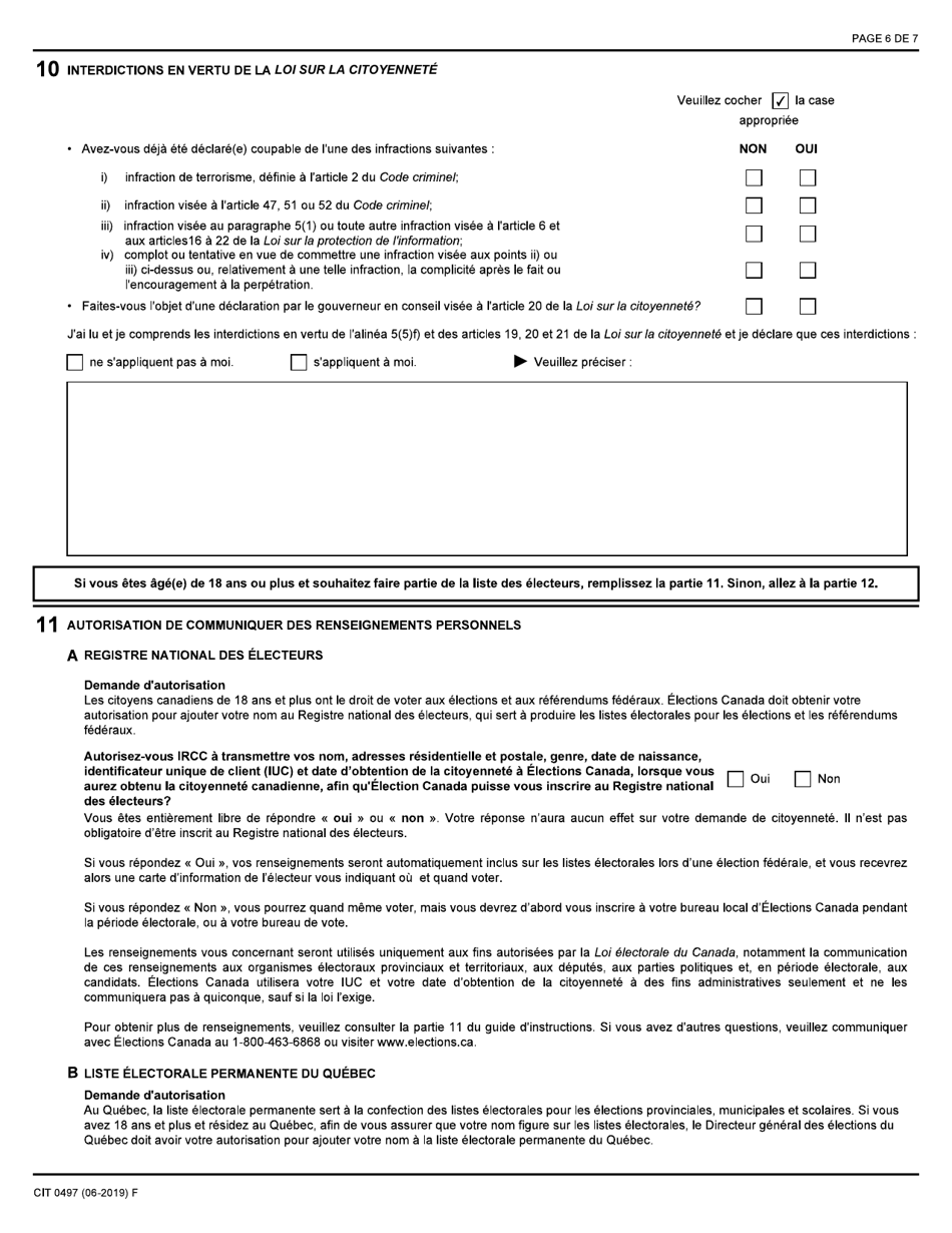 Forme CIT0497 Demande Dattribution De La Citoyennete Canadienne Pour Les Personne Apatrides Nees Dun Parent Canadien a Compter Du 17 Avril 2009 - Paragraphe 5(5) - Canada (French), Page 6