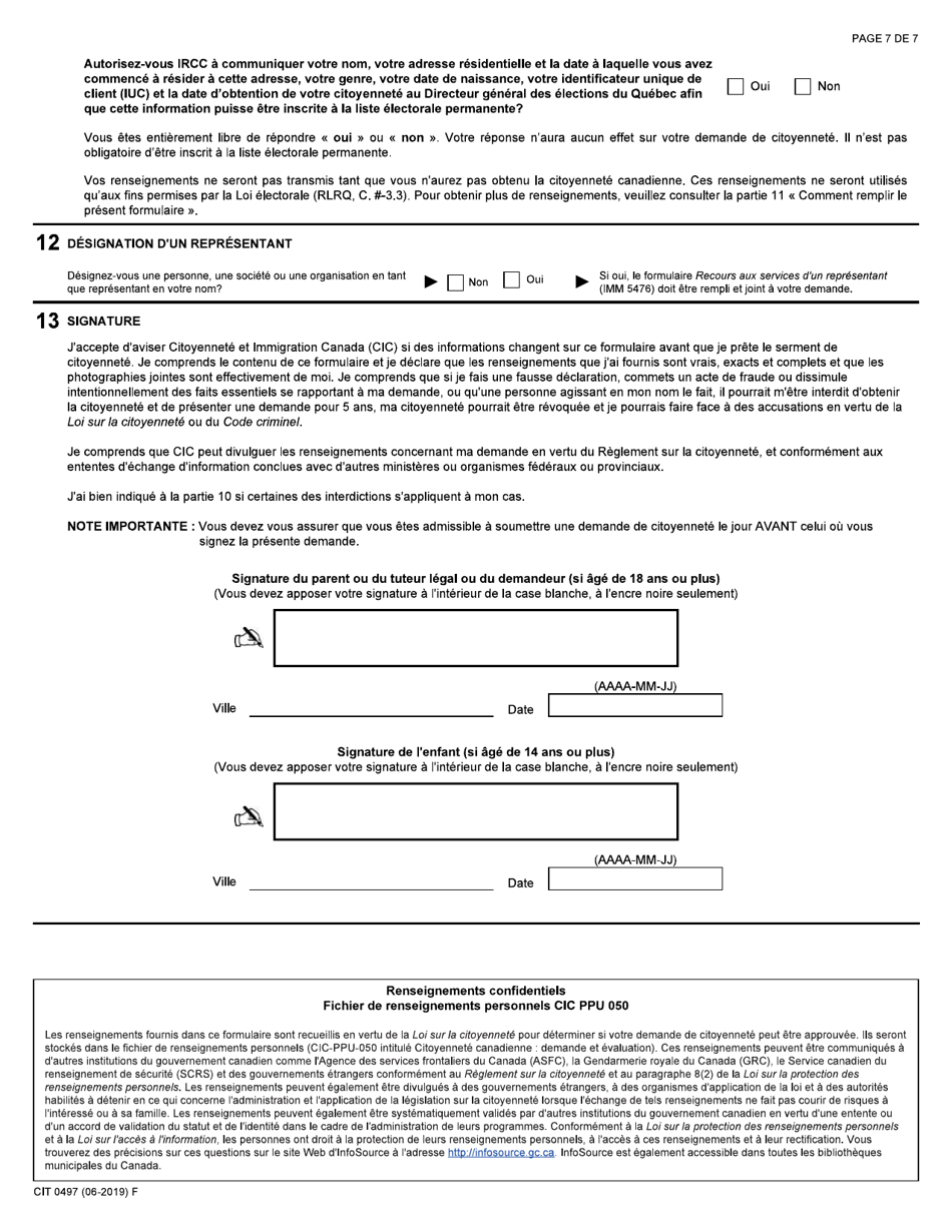 Forme CIT0497 Demande Dattribution De La Citoyennete Canadienne Pour Les Personne Apatrides Nees Dun Parent Canadien a Compter Du 17 Avril 2009 - Paragraphe 5(5) - Canada (French), Page 7