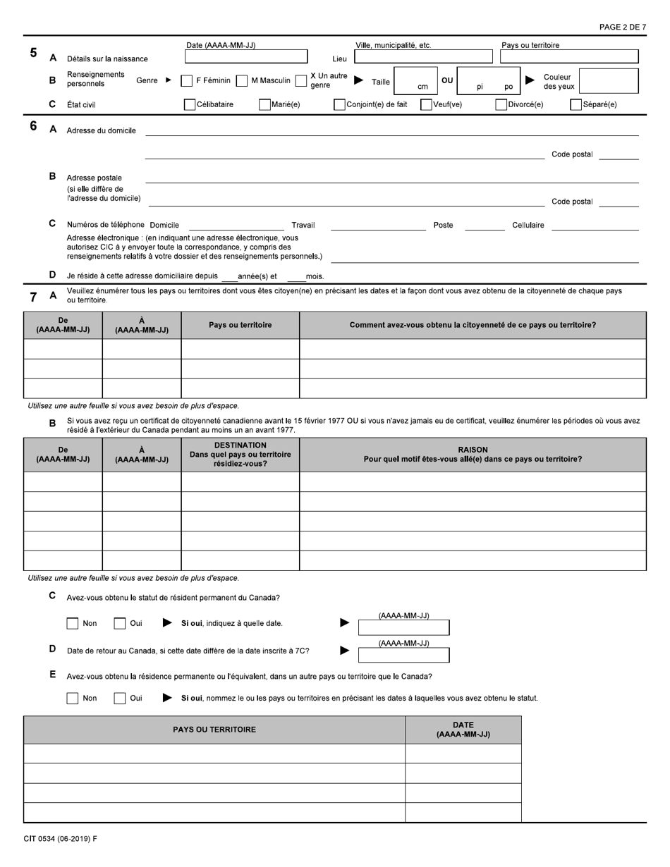 Forme CIT0534 Demande De Reintegration Dans La Citoyennete - Forces Armees Canadiennes - En Vertu Du Paragraphe 11(1) - Canada (French), Page 2