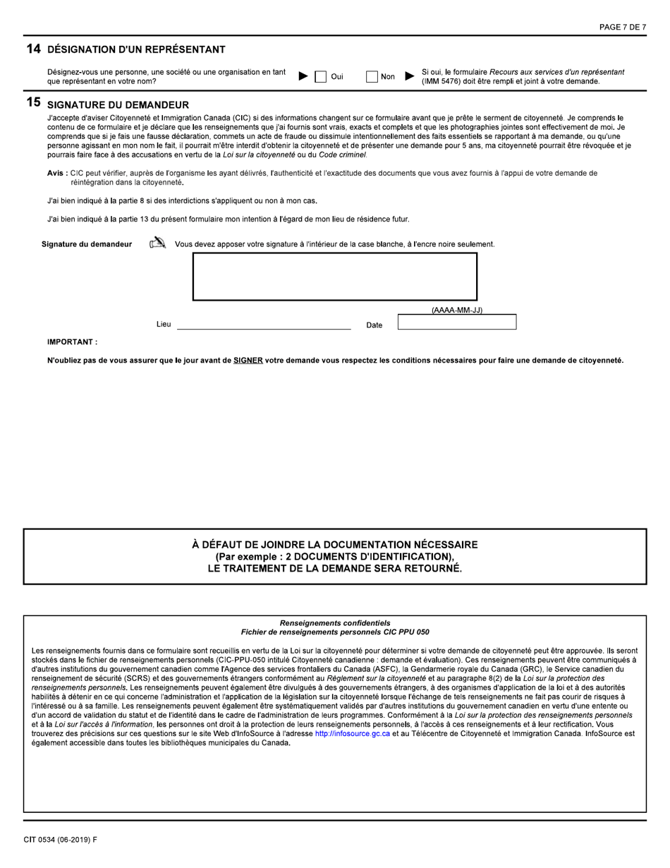 Forme CIT0534 Demande De Reintegration Dans La Citoyennete - Forces Armees Canadiennes - En Vertu Du Paragraphe 11(1) - Canada (French), Page 7
