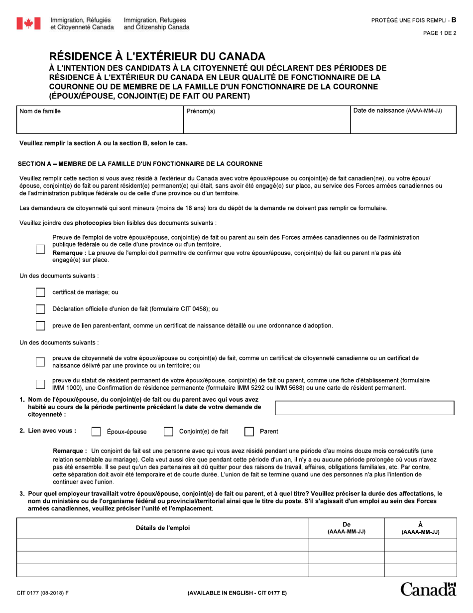 Forme CIT0177 Residence a Lexterieur Du Canada - Canada (French), Page 1