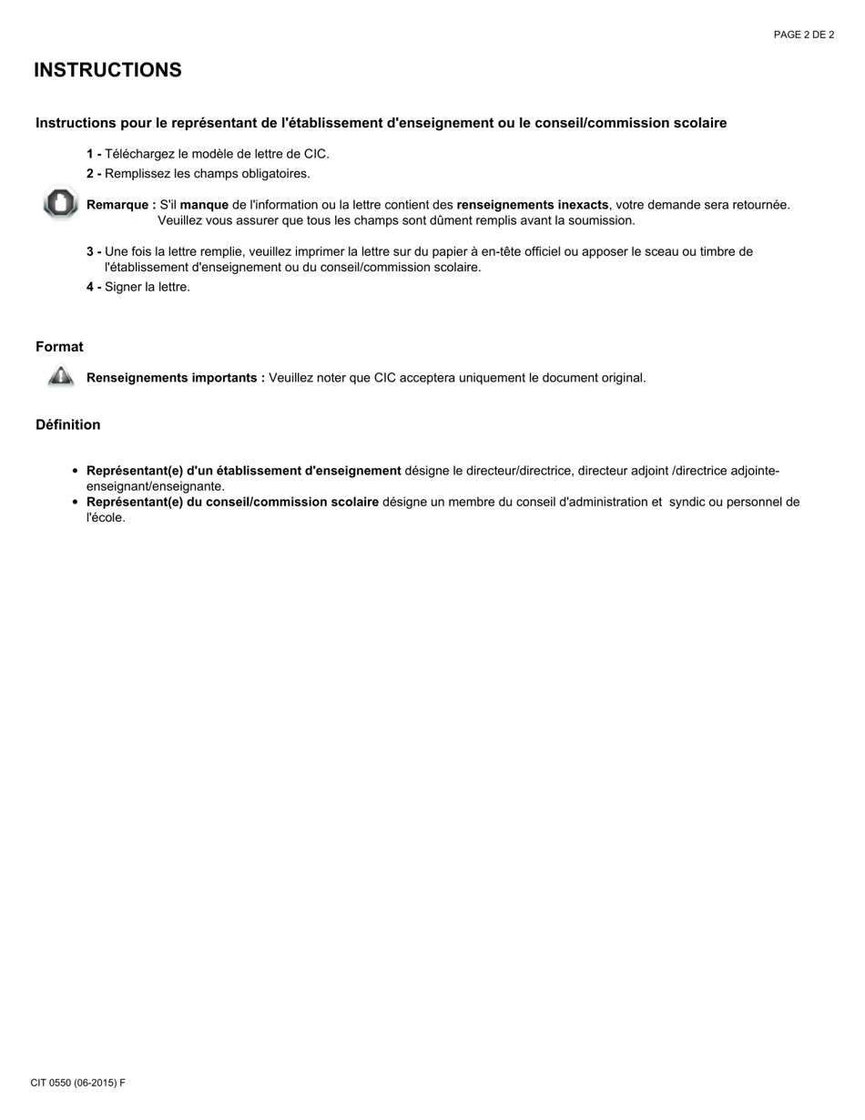 Forme CIT0550 Lettre De Confirmation Dinscription Dans Un Etablissement Denseignement Pour La Citoyennete - Canada (French), Page 2