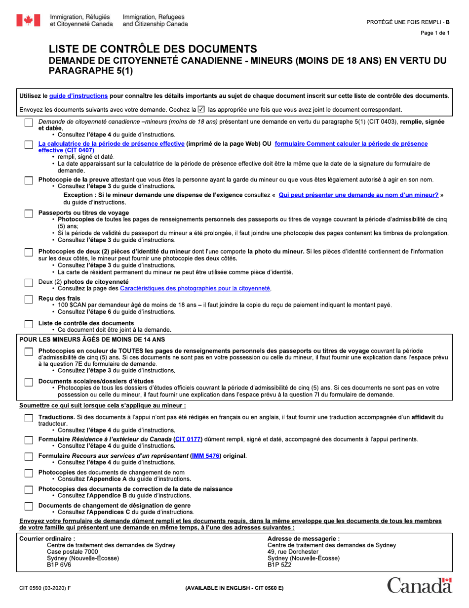 Forme CIT0560 Liste De Controle DES Documents - Demande De Citoyennete Canadienne - Enfants Mineurs (Moins De 18 Ans) En Vertu Du Paragraphe 5(1) - Canada (French), Page 1