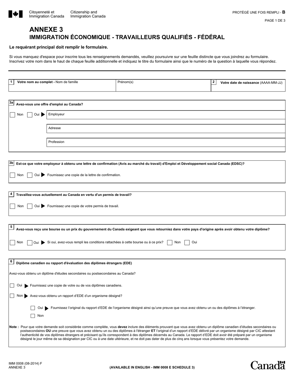 Forme IMM0008 Agenda 3 Immigration Economique - Travailleurs Qualifies - Federal - Canada (French), Page 1