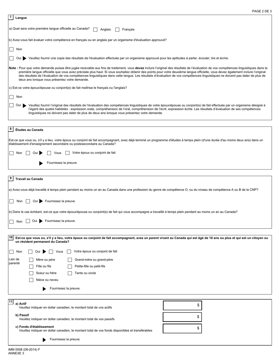 Forme IMM0008 Agenda 3 Immigration Economique - Travailleurs Qualifies - Federal - Canada (French), Page 2
