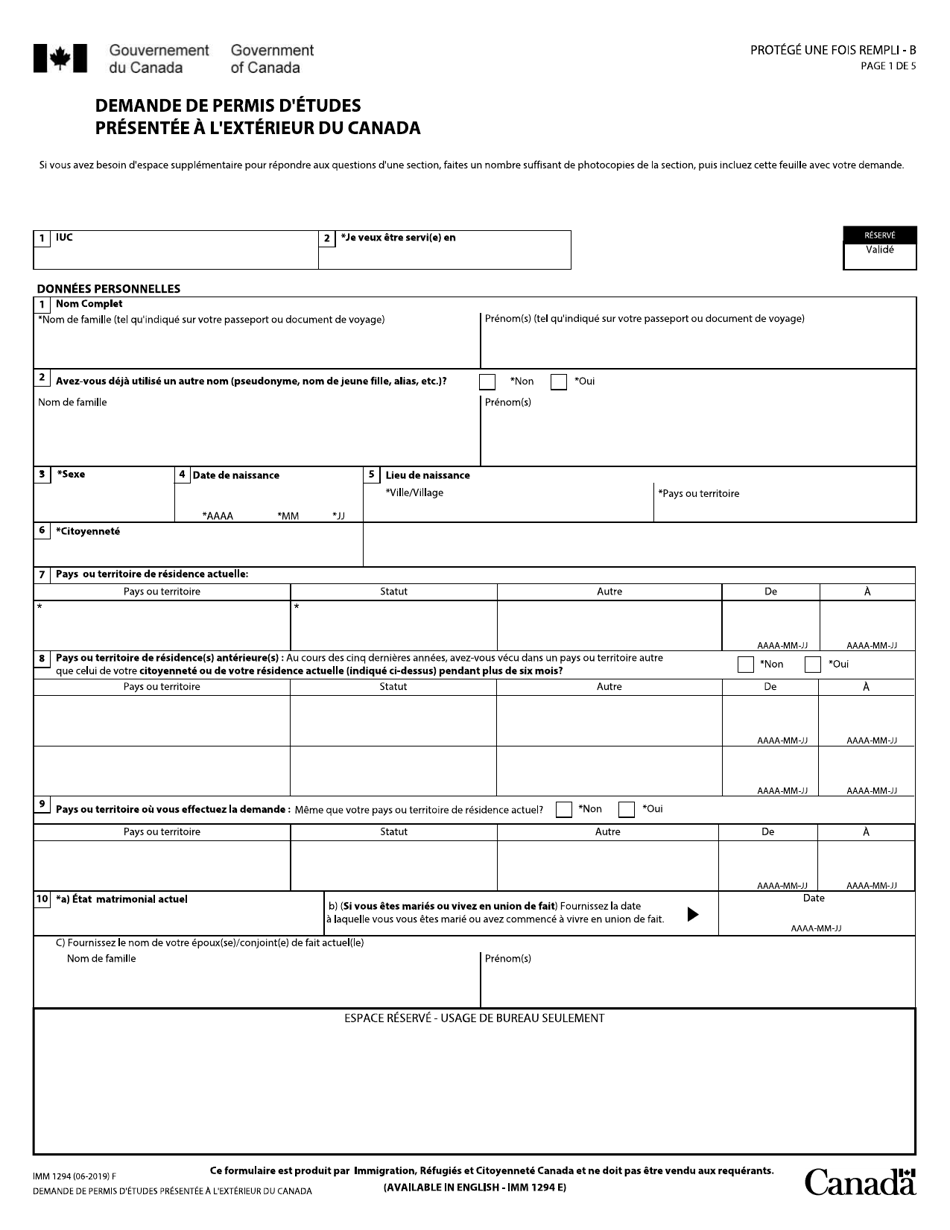 Forme Imm1294 Download Fillable Pdf Or Fill Online Demande De Permis D Etudes Presentee A L Exterieur Du Canada Canada French Templateroller