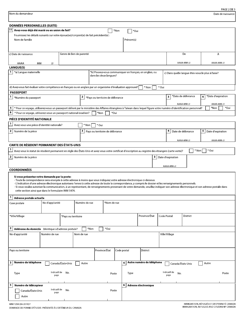 Forme IMM1294 Demande De Permis Detudes Presentee a Lexterieur Du Canada - Canada (French), Page 2